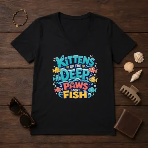 Premium Kittens Of The Deep Paws And Fish Typography V-Neck Shirt