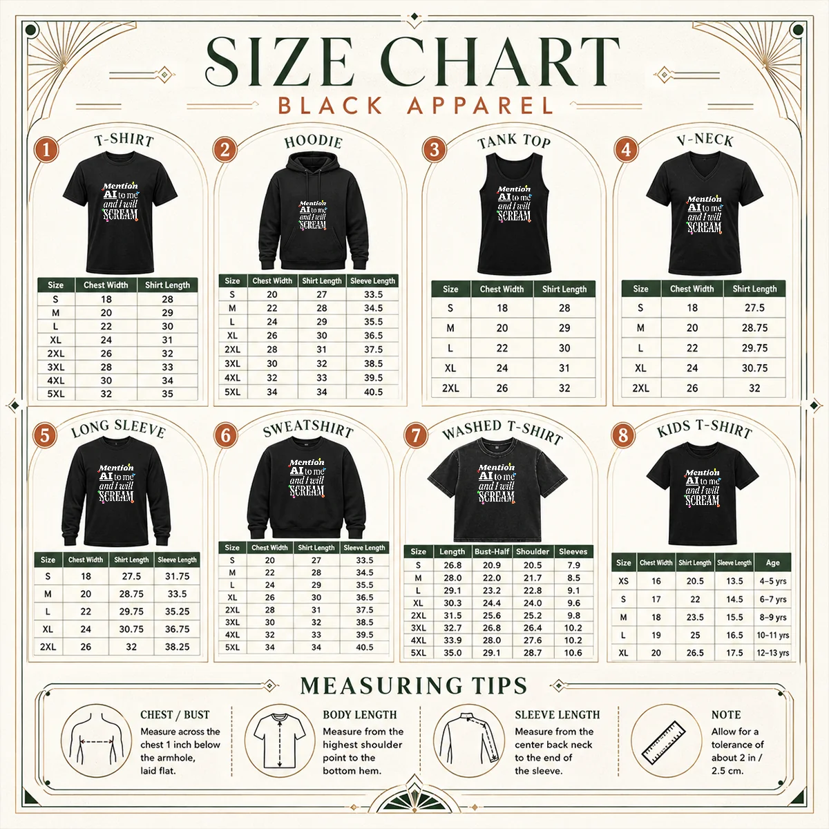 Premium Mention AI To Me And I Will Scream Anti Artificial Intelligence Protest Size Chart Size chart for Premium Mention AI To Me And I Will Scream shirt showing measurements in inches and cm