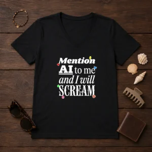 Premium Mention AI To Me And I Will Scream Anti Artificial Intelligence Protest V Neck Shirt in black, showcasing a casual fit and soft fabric