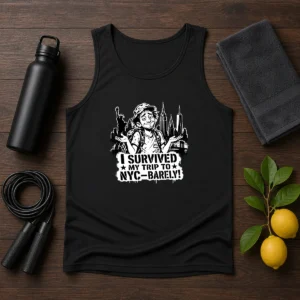 Premium NYC Trip Survivor Stencil Tank Top in white, sleeveless casual wear with bold graphic print