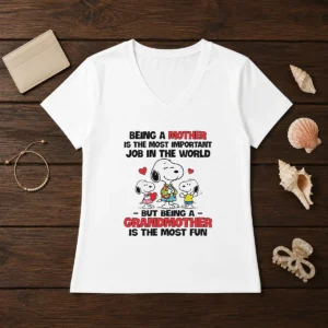 Premium Snoopy Peanuts Being A Mother Is The Most Important Job But Being A Grandmother V Neck Shirt on a soft fabric V neck tee