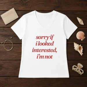 Premium Sorry If I Looked Interested I'M Not V Neck Shirt in dark color showing front design and v neck collar