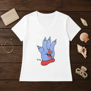 Premium Sting Blue Cartoon Hand Character Mascot V Neck Shirt showing vibrant design on soft fabric