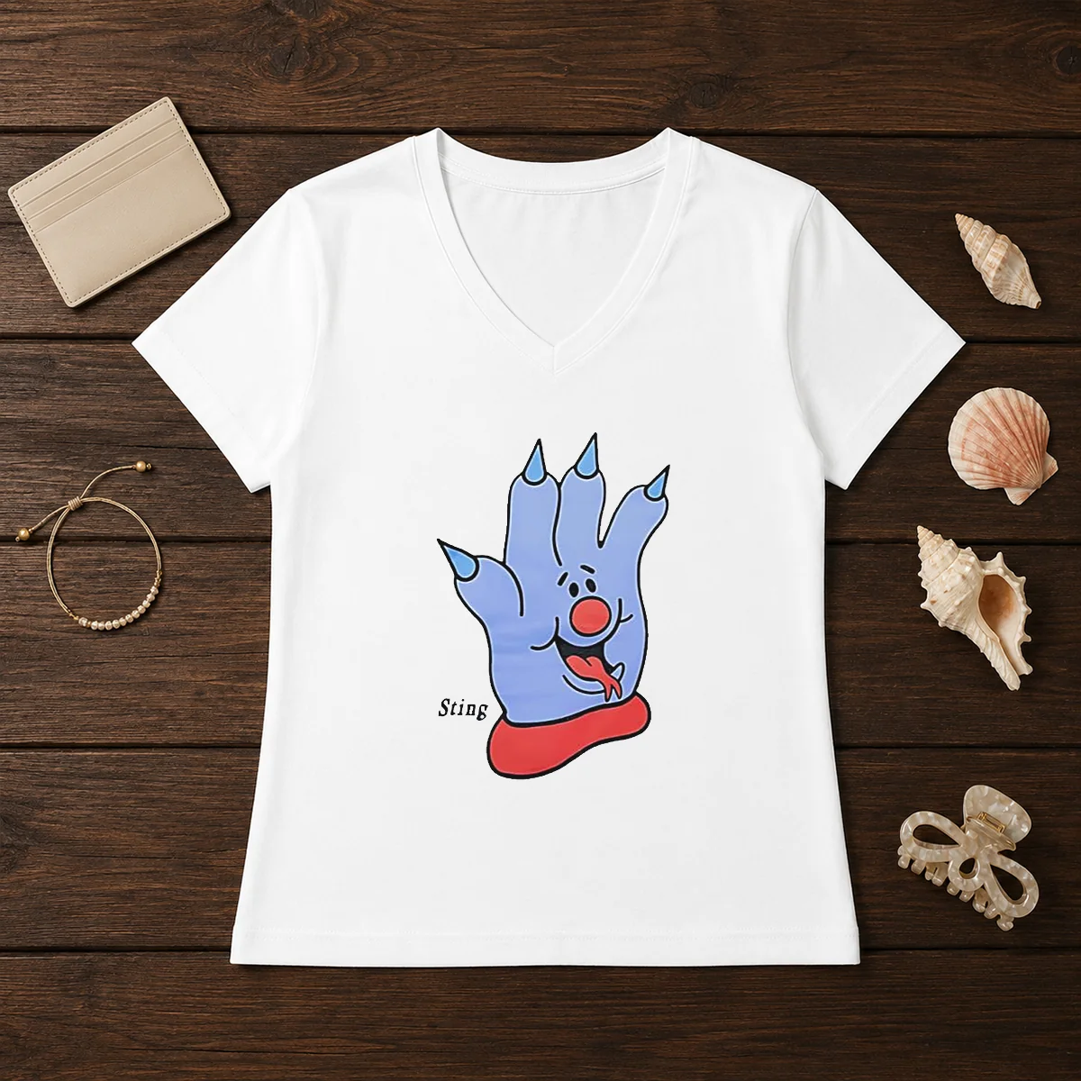 Premium Sting Blue Cartoon Hand Character V-Neck Shirt Premium Sting Blue Cartoon Hand Character V-Neck Shirt