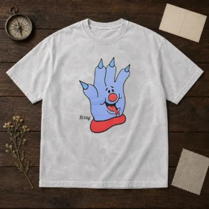 Premium Sting Blue Cartoon Hand Character Mascot printed on a soft washed t shirt in blue