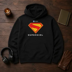 Premium Supergirl DC Studios Logo Hoodie in black with front logo print, unisex fit