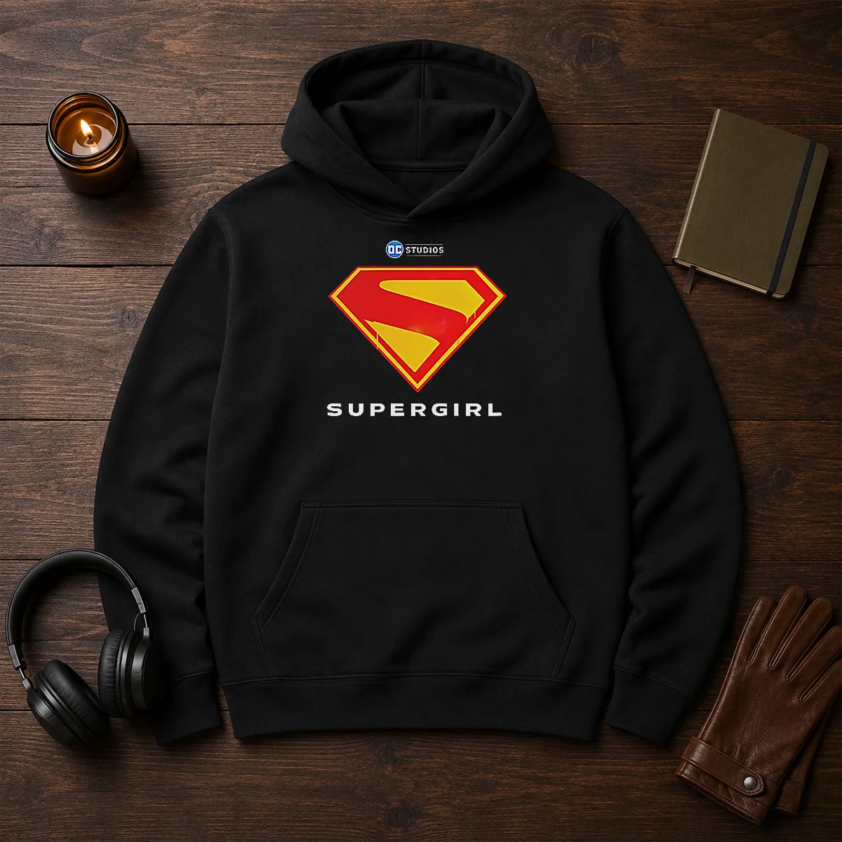 Premium Supergirl DC Studios Logo Hoodie in black with front logo print, unisex fit