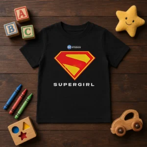 Premium Supergirl DC Studios Logo Kids T Shirt featuring vibrant colors and comfortable fit for children