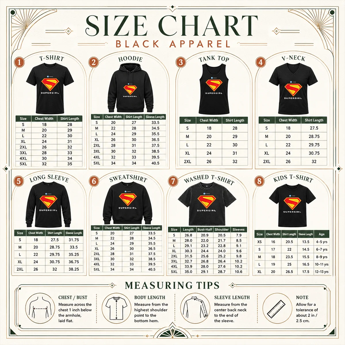 Premium Supergirl DC Studios Logo Size Chart Size chart for Premium Supergirl DC Studios Logo with measurements in inches and cm