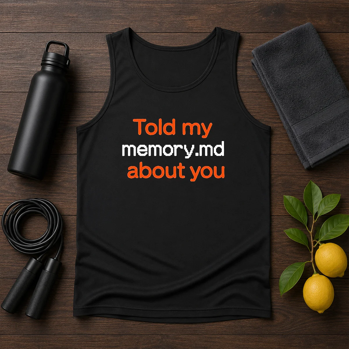 Premium Told My Memory Md About You Tank Top in black with bold white text design, sleeveless casual wear