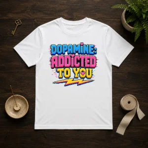 Pretty Dopamine Addicted To You Pixel Love t shirt featuring vibrant pixel art design on a classic crew neck cotton tee