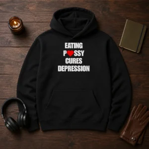 Pretty Eating Pssy Cures Depression Hoodie in black with bold white text on front, comfortable pullover style with hood and front pocket