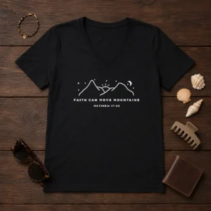 Pretty Faith Can Move Mountains Matthew 17 20 Mountain V Neck Shirt in soft fabric with comfortable fit