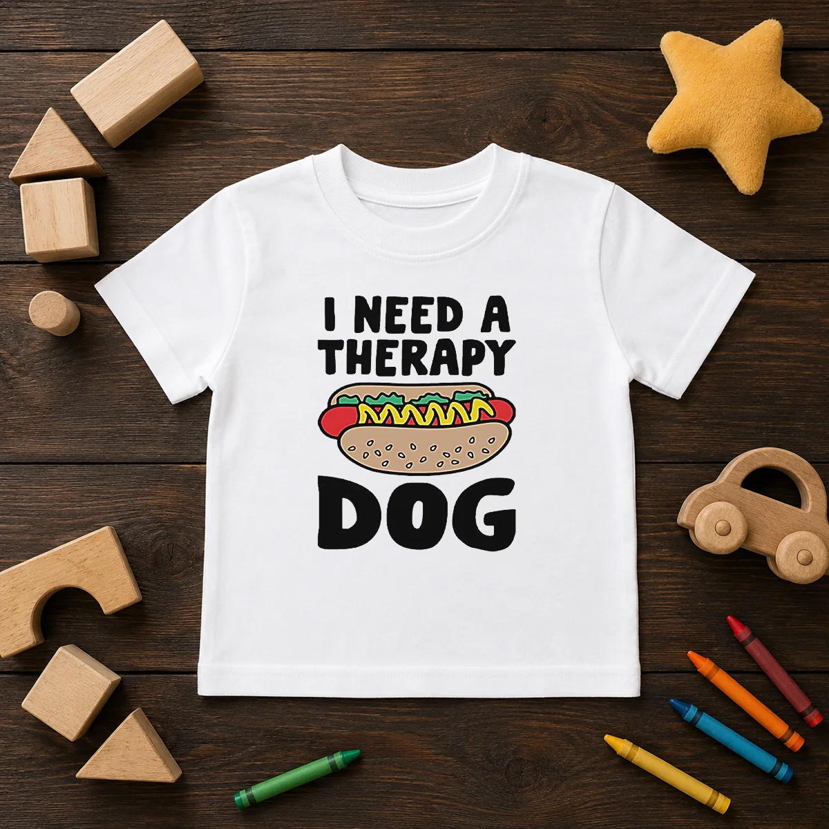 Pretty I Need A Therapy Dog Hot Dog Pun Food Kids T Shirt featuring colorful hot dog graphic on a comfortable short sleeve tee