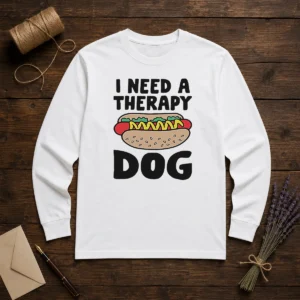 Pretty I Need A Therapy Dog Hot Dog Pun Food Long Sleeve Shirt in soft cotton fabric, featuring playful hot dog therapy dog pun graphic