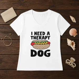 Pretty I Need A Therapy Dog Hot Dog Pun Food V Neck Shirt showing front design on soft fabric