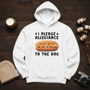 Pretty I Pledge Allegiance To The Dog Hot Dog Sandwich Hoodie in black, front view showing printed graphic
