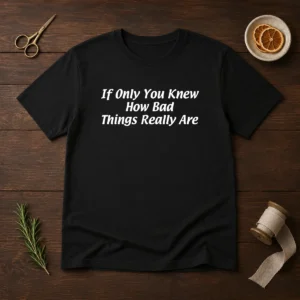 Pretty If Only You Knew How Bad Things Really Are t shirt showing front graphic on a classic crew neck short sleeve tee