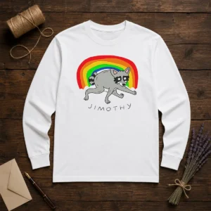 Pretty Jimothy The Raccoon Rainbow Funny Animal Long Sleeve Shirt in vibrant colors on a comfortable cotton fabric