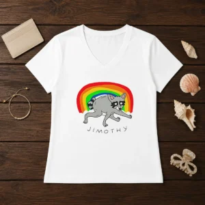 Pretty Jimothy The Raccoon Rainbow Funny Animal V Neck Shirt showing colorful raccoon graphic on soft fabric