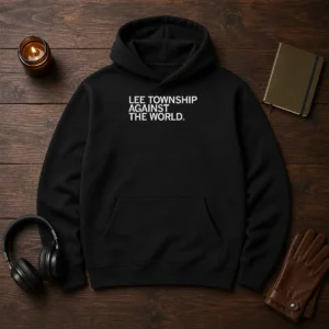 Pretty Lee Township Against The World Hoodie in dark color with front pocket and drawstring hood