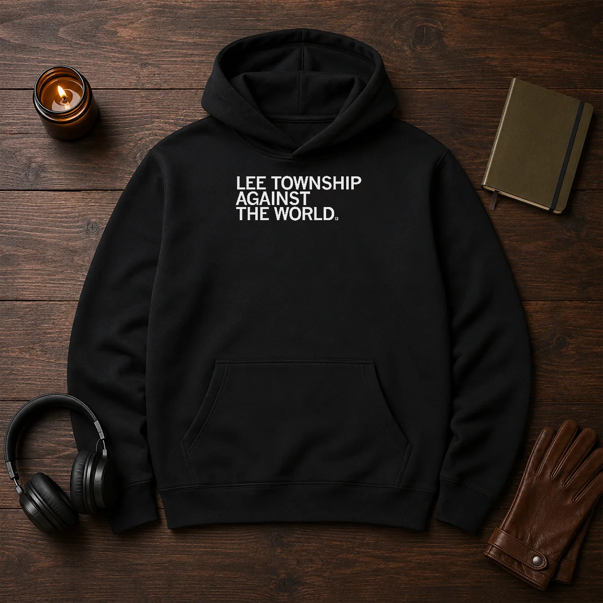 Pretty Lee Township Against The World Hoodie in dark color with front pocket and drawstring hood