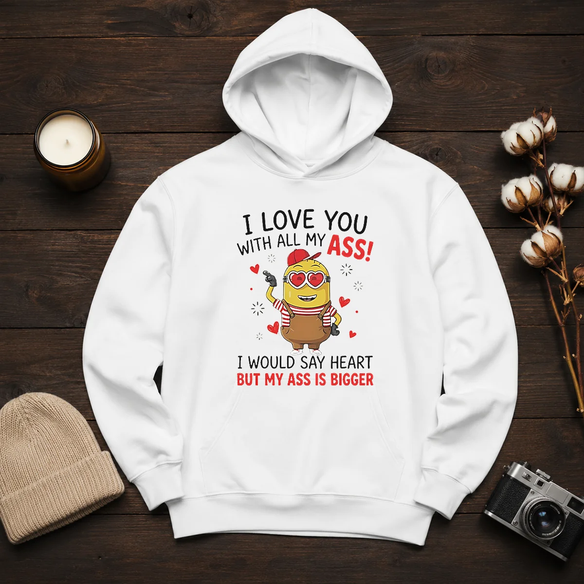 Pretty Minion I Love You Ass With All My I Would Say Heart But My Ass Is Bigger Hoodie in black, front view with printed graphic