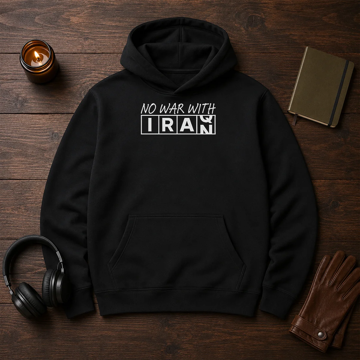 Pretty No War With Iran Political Protest Anti War Hoodie in black, front view with bold white text graphic