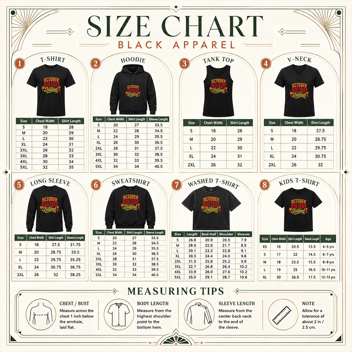 Size chart for Pretty October Holiday Ireland Cozy Fall Typography Vector with measurements in inches and cm