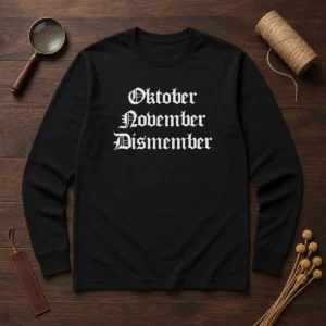Pretty Oktober November Dismember Gothic Dark Long Sleeve Shirt in black with gothic typography and dark theme