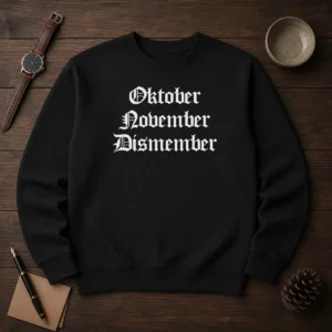 Pretty Oktober November Dismember Gothic Dark sweater in black with gothic-themed graphic design, long sleeves, and a comfortable fit