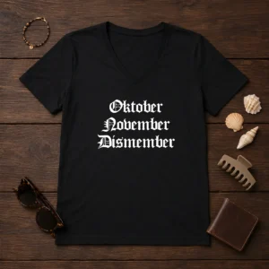 Pretty Oktober November Dismember Gothic Dark V Neck Shirt in black with gothic text design