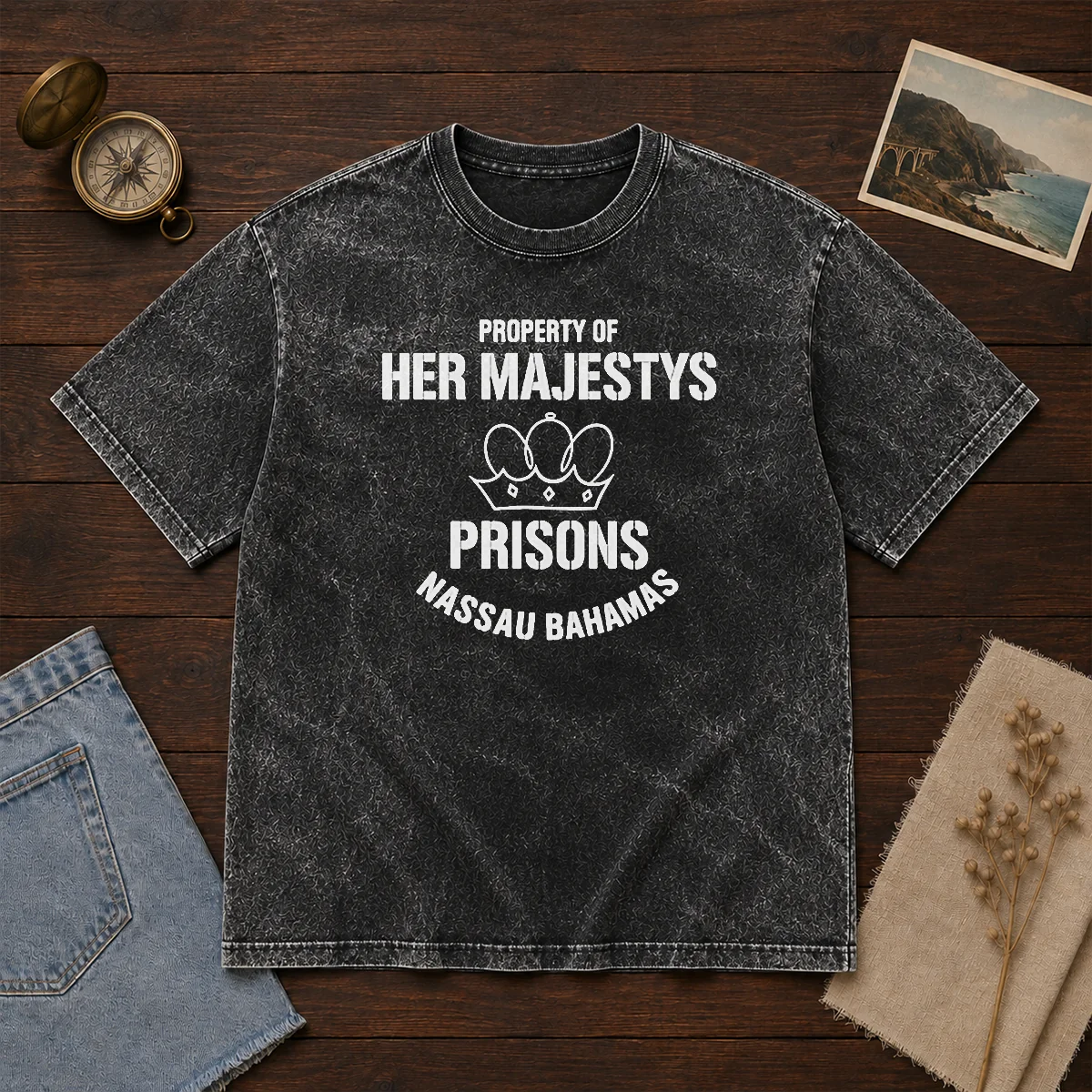 Pretty Property Of Her Majestys Prisons Nassau Bahamas washed t shirt in faded black color showing front graphic design