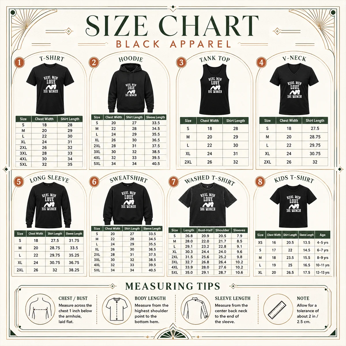 Pretty Real Men Love Big Women Distressed Slogan Size Chart Size chart for Pretty Real Men Love Big Women Distressed Slogan showing measurements in inches and cm