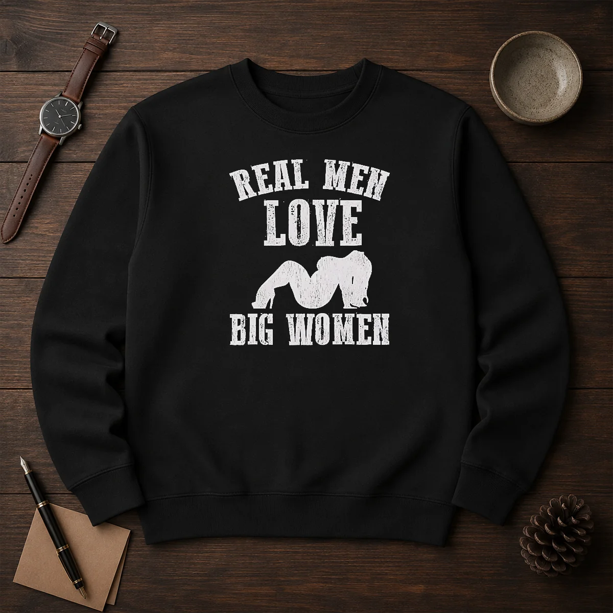 Pretty Real Men Love Big Women Distressed Slogan Sweater
