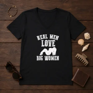 Pretty Real Men Love Big Women Distressed Slogan V Neck Shirt showing front print on soft cotton fabric