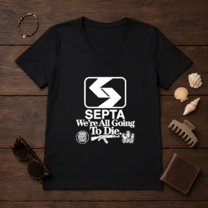 Pretty SEPTA We Are All Going To Die Worst Of Philly Eternal Gangramgram V Neck Shirt in black, comfortable fit with short sleeves