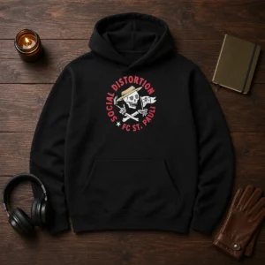Pretty Social Distortion FC St Pauli Skull With Straw Hat And Flag Hoodie in black, featuring a skull wearing a straw hat and flag design