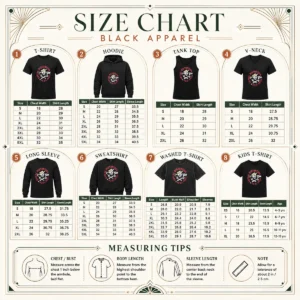 Size chart for Pretty Social Distortion FC St Pauli Skull With Straw Hat And Flag with measurements in inches and cm
