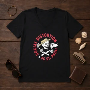 Pretty Social Distortion FC St Pauli Skull With Straw Hat And Flag V Neck Shirt featuring bold skull graphic on a comfortable v neck tee