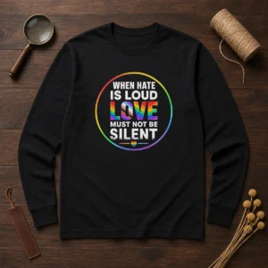 Pretty When Hate Is Loud Love Must Not Be Silent Pride Month long sleeve shirt in white, featuring bold rainbow text design