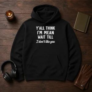 Pretty Y'All Think I'M Mean Wait Till I Don'T Like You hoodie in black, front view with bold white text design