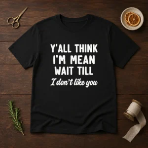 Pretty Y'All Think I'M Mean Wait Till I Don'T Like You t shirt in classic crew neck style with bold text design