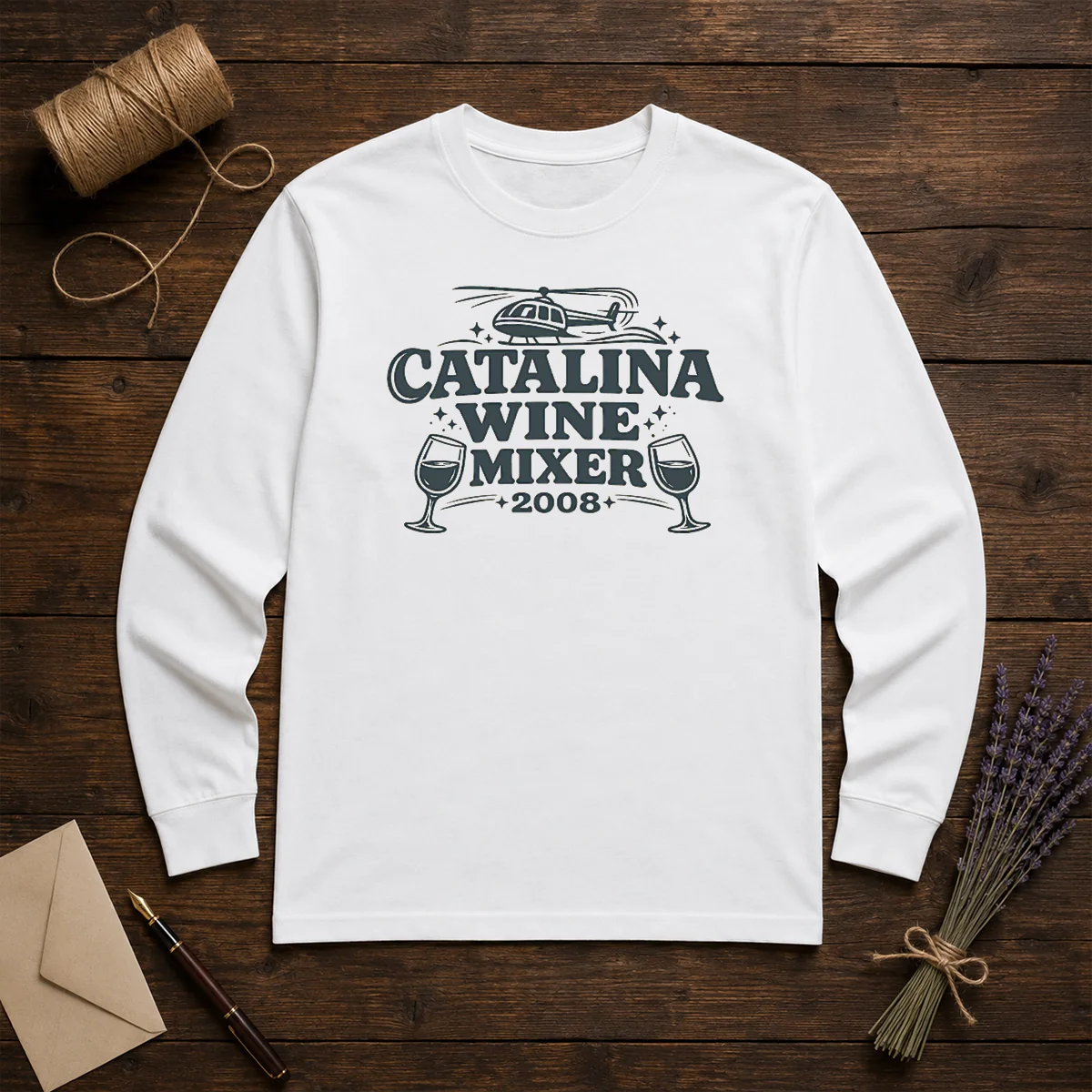 Top Catalina Wine Mixer Long Sleeve Shirt in white with bold graphic print on front