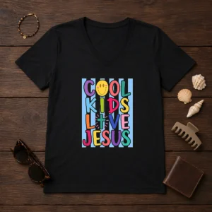 Top Cool Kids Love Jesus V Neck Shirt in white, featuring a comfortable fit and short sleeves for kids