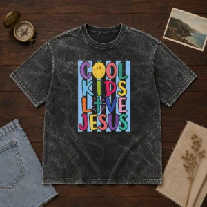 Top Cool Kids Love Jesus Washed T Shirt in soft faded fabric with short sleeves and crew neck