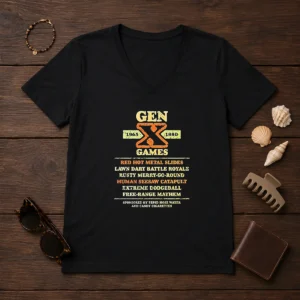 Top Gen X Games 1965 1980 Red Hot Metal Slides V-Neck Shirt