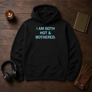 Top I Am Both Hot And Bothered Hoodie in charcoal gray, featuring front pocket and drawstring hood