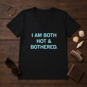 Top I Am Both Hot And Bothered V Neck Shirt in soft fabric with short sleeves and fitted cut