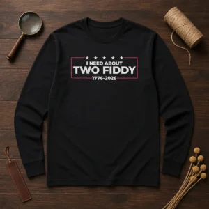 Top I Need About Two Fiddy 1776 2026 long sleeve shirt in classic fit with bold graphic print